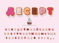 Dessert cyrillic decorative font. Cartoon sweet letters and numbers. Cute alphabet for girls. Birthday, baby shower celebration