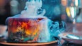 Dessert engulfed in colorful flames on a plate with smoke