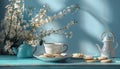 Dessert for evening tea. Cup of tea, fresh homemade cookies on blue background