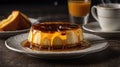 Delicious Caramel Flan Dessert Served with Coffee and Orange Juice Royalty Free Stock Photo