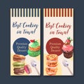 Dessert flyer design with macarons, cookie, cupcake watercolor isolated illustration