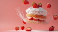 Food levitation concept. Strawberry White whipped cream cake on table background.