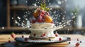 Dessert food levitation concept. Strawberry White whipped cream cake on table background.