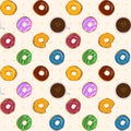 Dessert food vector seamless pattern with colorful donuts