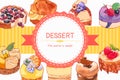 Dessert frame design with cake tart, choux cream, doughnut watercolor illustration