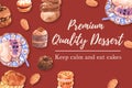 Dessert frame design with cookie, chocolate cake, choux cream watercolor illustration