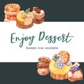 Dessert frame design with cookie, donut, cupcake watercolor illustration