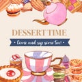 Dessert frame design with teapot, cup, pie, cupcake watercolor illustration