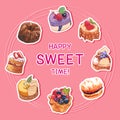 Dessert frame design with various cupcake, chocolate cake watercolor illustration Royalty Free Stock Photo