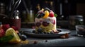 Dessert with fresh fruits on a plate on a table in soft lighting Royalty Free Stock Photo