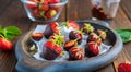 Dessert, fresh strawberries covered with dark chocolate, on a wooden plate on a brown background. Strawberry desserts Royalty Free Stock Photo