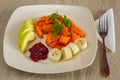 Dessert fruit Breakfast on a square plate and stand made of natural fabrics Royalty Free Stock Photo