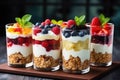Dessert in a glasses with berries. Healthy organic breakfast or snack concept. Generative AI