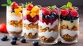 Dessert in a glasses with berries. Healthy organic breakfast or snack concept. Generative AI