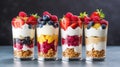 Dessert in a glasses with berries. Healthy organic breakfast or snack concept. Generative AI