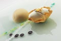 Dessert with glazed cassata half sphere and ice cream