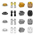 Dessert with honey, gloves of the beekeeper, honeycomb, a barrel of honey. Apiary set collection icons in cartoon black