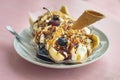 Dessert from ice cream, banana, waffle Royalty Free Stock Photo