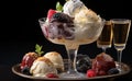 A dessert with ice cream, berries and champagne, AI