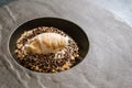 Dessert of ice cream with sweet sauce and chocolate close up Royalty Free Stock Photo