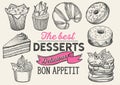 Dessert illustration - cake, donut, croissant, cupcake, muffin for bakery