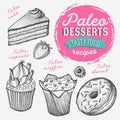 Dessert illustration - cake, donut, croissant, cupcake, muffin for paleo diet