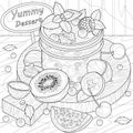 Dessert in a jar with berries and fruits. Coloring book antistress for children and adults. Royalty Free Stock Photo