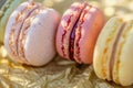 Dessert of macarons in the summer evening in the orchard. Natural blurred background. Shallow depth of field