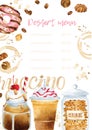 Dessert menu template with watercolor coffee drinks and cookie jar Royalty Free Stock Photo