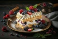 dessert napoleon cake in form of rectangular cake with cream and berries on plate