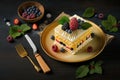 dessert napoleon cake in form of rectangular cake with cream and berries on plate