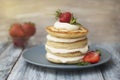 Dessert Pancakes with Cream and Strawbery. Health Breakfast Fruit Berry Vitamine Gray Rustic Wooden Background Royalty Free Stock Photo