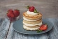 Sweet Pancakes with Cream and Strawbery. Health Breakfast Fruit Berry Vitamine Gray Rustic Wooden Background Royalty Free Stock Photo