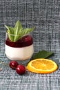 Dessert Panna cotta with cherry orange and mint Royalty Free Stock Photo