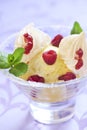 Dessert with pineapple ice cream, raspberries and meringue Royalty Free Stock Photo