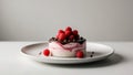 A dessert with a pink and chocolate topping and raspberries on a white plate Royalty Free Stock Photo