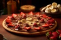 Delectable dessert pizza adorned with a luscious Nutella spread and fresh strawberries Royalty Free Stock Photo