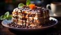 Dessert plate chocolate slice, fresh cream, fruit, coffee, homemade indulgence generated by AI