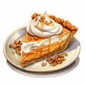 Realistic Watercolor Illustration Of Pumpkin Chiffon Pie With Whipped Cream And Nuts Royalty Free Stock Photo