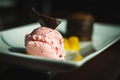 A dessert plate with strawberry ice cream with chocolate on top and a chocolate lava cake Royalty Free Stock Photo