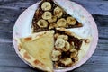 A dessert plate of A sweet baked pastry of chocolate pizza, Chakhtoura, sweet baked pastry baked in the oven, covered with