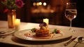 A dessert on a plate with wine glasses and candles, AI