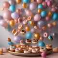 A dessert platter featuring miniature donuts suspended from helium balloons, ready to be plucked and enjoyed2