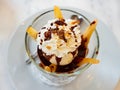 Dessert Poires belle Helene of pear with ice cream and chocolate sauce Royalty Free Stock Photo