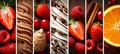 Dessert products collage with white vertical lines bright white light, divided into 7 segments Royalty Free Stock Photo