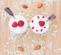 Dessert of raspberries, oats, nuts, cream Royalty Free Stock Photo