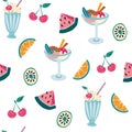 Dessert seamless pattern. Summer background. Cherry, ice cream, slice of watermelon, lime and kiwi. Delicious sweet food. Perfect Royalty Free Stock Photo