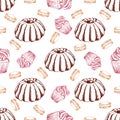 Dessert seamless pattern. Sweet background in hand drawn style.