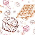 Dessert seamless pattern. Sweet background in hand drawn style. Wallpaper with cupcake, waffles, pretzel. Vector illustration for Royalty Free Stock Photo