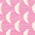Dessert seamless pattern with tasty croissants silhouettes. Doodle food ornament with pink stripped bright background